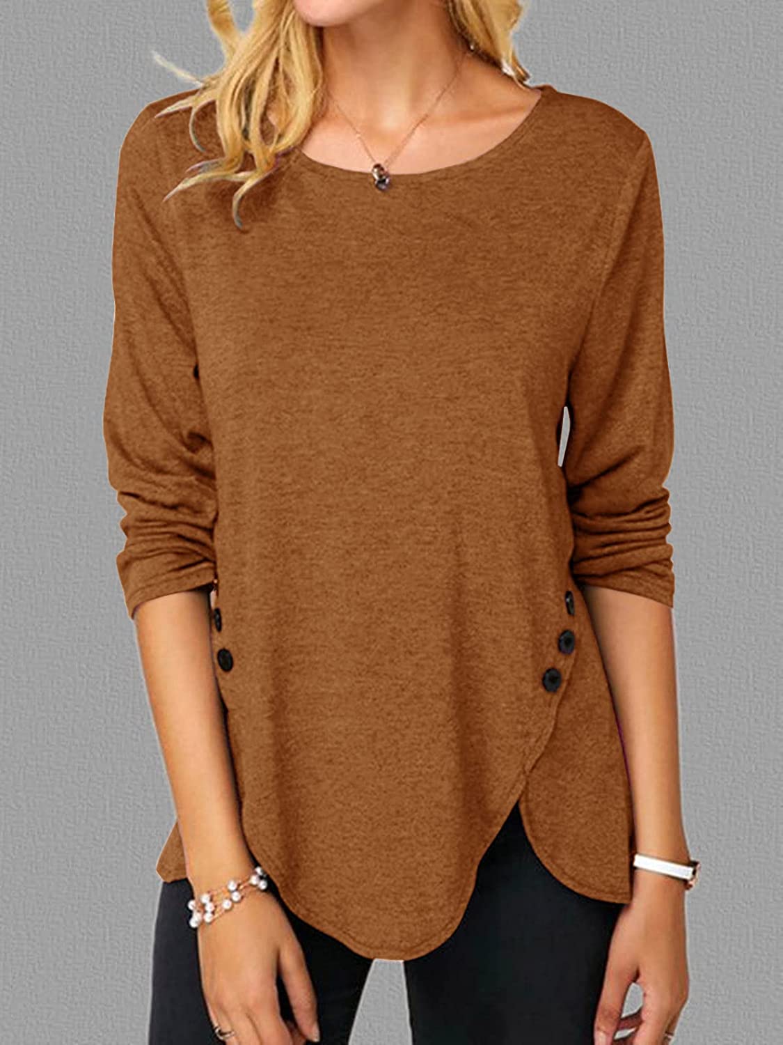 Womens Casual Long Sleeve Tunic Shirts Round Neck Button Side Blouses Tops - Image 7